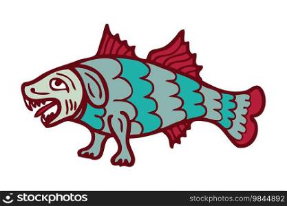 Sketch style ancient sea monster dog fish with paws and ears doodle. Perfect for tee, sticker, card, poster. Hand drawn isolated vector illustration.