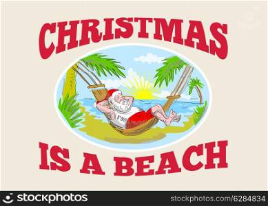 Sketch style illustration of santa claus saint nicholas father christmas relaxing on hammock at a tropical beach.