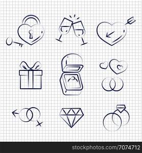 Sketch style wedding line icons on notebook page. Vector illustration. Sketch style wedding line icons on notebook page