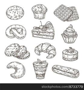 Sketch sweet dessert. Vintage cakes caramel and waffle, drawing desserts with chocolate and berries. Isolated engraving pie, bakery neoteric vector food. Illustration of cake and caramel dessert. Sketch sweet dessert. Vintage cakes caramel and waffle, drawing desserts with chocolate and berries. Isolated engraving pie, bakery neoteric vector food