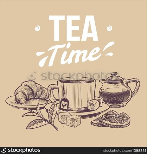 Sketch tea. Hand drawn objects for tea shop, mugs and kettle tea leaves and dried herbs, croissant and lemon slices vector vintage background. Sketch tea. Hand drawn objects for tea shop, mugs and kettle tea leaves and dried herbs, croissant and lemon slices vector background