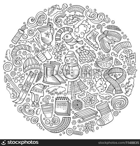 Sketch vector hand drawn set of Winter cartoon doodle objects, symbols and items. Round composition. Set of Winter cartoon doodle objects, symbols and items