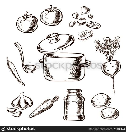 Sketch vector recipe of vegetarian soup with cooking pot and ladle surrounded by cabbage, beet, garlic, onion, carrot, tomato and potato vegetables and spices. Cooking vegetarian soup with ingredients