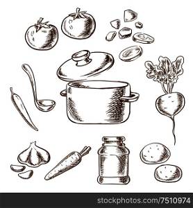 Sketch vector recipe of vegetarian soup with cooking pot and ladle surrounded by cabbage, beet, garlic, onion, carrot, tomato and potato vegetables and spices. Cooking vegetarian soup with ingredients