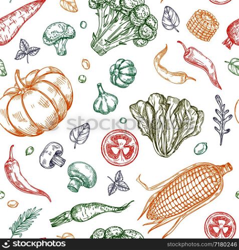 Sketch vegetables seamless pattern. Vegetable soup organic farm food vector vegetal background. Illustration of organic food pattern vegetable. Sketch vegetables seamless pattern. Vegetable soup organic farm food vector vegetal background