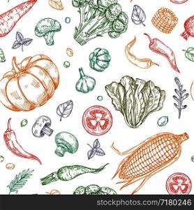 Sketch vegetables seamless pattern. Vegetable soup organic farm food vector vegetal background. Illustration of organic food pattern vegetable. Sketch vegetables seamless pattern. Vegetable soup organic farm food vector vegetal background