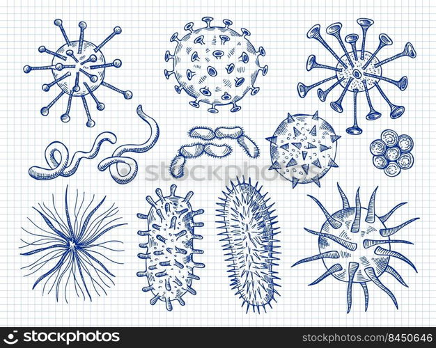Sketch viruses. Covid bacteria microbiology cell danger biological disease signs recent vector hand drawn illustrations. Bacteria virus and influenza bacterium. Sketch viruses. Covid bacteria microbiology cell danger biological disease signs recent vector hand drawn illustrations