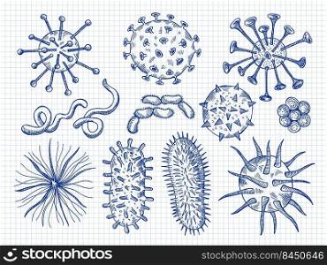 Sketch viruses. Covid bacteria microbiology cell danger biological disease signs recent vector hand drawn illustrations. Bacteria virus and influenza bacterium. Sketch viruses. Covid bacteria microbiology cell danger biological disease signs recent vector hand drawn illustrations