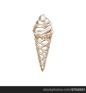 Sketch waffle cone ice cream, vector sweet summer dessert, creamy swirl in conical cup. Dairy, fruit or yogurt icecream, frozen food isolated on white background. Sketch waffle cone ice cream vector sweet dessert,