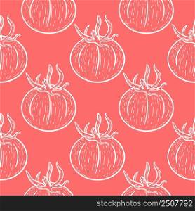 Sketch white tomatoes on red background seamless pattern. Model with vegetables hand engraved. Vintage template organic food vector illustration. Sketch white tomatoes on red background seamless pattern