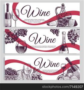 Sketch wine banners. Classic alcoholic drink bottles and wineglasses, grapes. Promotion winery and vineyard hand drawn labels vector decoracion restaurant card set. Sketch wine banners. Classic alcoholic drink bottles and wineglasses, grapes. Promotion winery and vineyard hand drawn labels vector set
