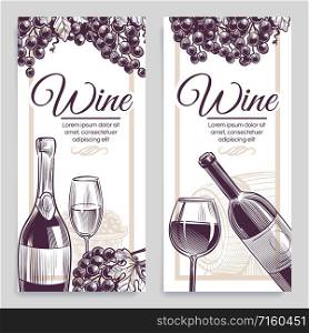 Sketch wine banners. Classical alcoholic drink bottle and wineglasses grapes flayers, invitation cards, promotion vintage cardboard vertical labels vector set. Sketch wine banners. Classical alcoholic drink bottle and wineglasses grapes flayers, invitation cards, promotion labels vector set