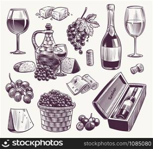 Sketch wine. Winemaking, classical alcoholic drink. Wood wine barrel, bottle and wineglasses, grape vine vintage winery elements vector monochrome alcohol beverage engraved set. Sketch wine. Winemaking, classical alcoholic drink. Wood wine barrel, bottle and wineglasses, grape vine vintage winery elements vector set