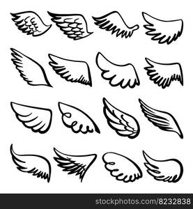 Sketch wings. Hand drawn wing angel or bird, drawing celtic doodle logo. Dove eagle winged elements, simple grunge freedom neoteric vector symbols of feather angel bird symbol illustration. Sketch wings. Hand drawn wing angel or bird, drawing celtic doodle logo. Dove eagle winged elements, simple grunge freedom neoteric vector symbols