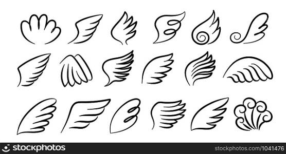 Sketch wings pair. Hand drawn angel wings ink sketch, cartoon bird wings silhouettes. Vector artwork design black feathered wing set for signs and emblem on white background. Sketch wings pair. Hand drawn angel wings ink sketch, cartoon bird wings silhouettes. Vector feathered wing set