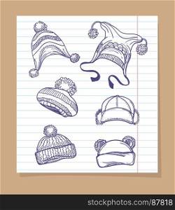 Sketch winter hats set. Sketch winter hats set on lined page design, vector illustration
