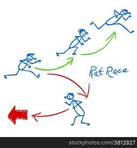 Sketch with people running right and wrong way in rat race