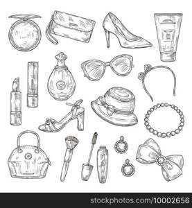 Sketch womens accessories. Female shoes, lady handbag and hat, mascara and lipstick, perfume and earrings hand drawn vector set. Handbag and hat, female fashion accessories illustration. Sketch womens accessories. Female shoes, lady handbag and hat, mascara and lipstick, perfume and earrings hand drawn vector set