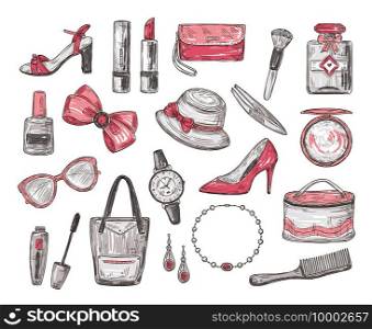 Sketch womens accessories. Handbag, hat and watch, mascara and glasses, bow and lipstick, nail polish and necklace. Fashion vector doodles. Illustration fashion sketch beauty perfume and cosmetics. Sketch womens accessories. Handbag, hat and watch, mascara and glasses, bow and lipstick, nail polish and necklace. Fashion vector doodles