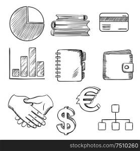Sketched business icons with a pie and bar graph, dollar and euro currency symbols,bank credit card, purse, handshake, flow charts, notebook and books. Sketch style. Business and financial sketched icons