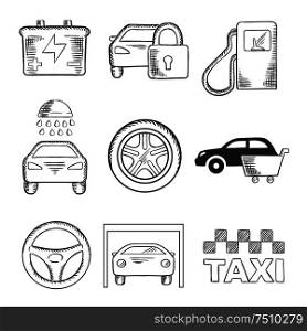 Sketched car service icons of a fuel pump, security, battery, car wash, tyre, purchase, steering wheel, garage and taxi. Transportation industry design usage, sketch style. Sketched car service and transportation icons