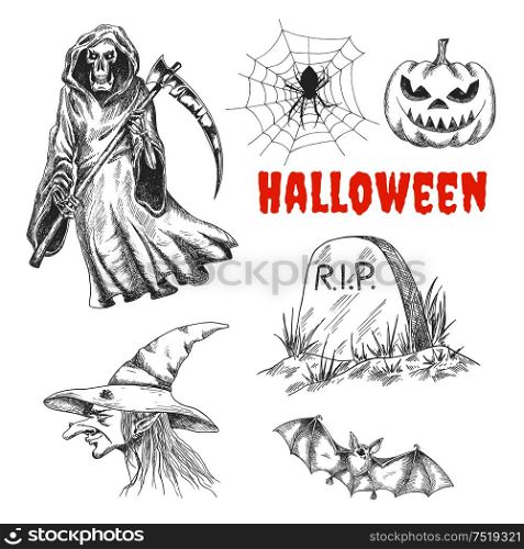 Sketched characters for Halloween celebration decoration. Vector isolated death wih scythe, spider in spiderweb, scary pumpkin with eyes, R.I.P. tomb stone, ugly old witch in magic hat, flying vampire bat. Sketched characters for Halloween decoration