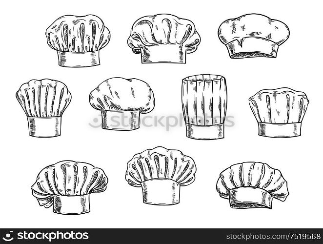 Sketched chef hat, cook cap and toque. Kitchen staff uniform, professional headwear for restaurant, cafe and menu design. Chef hat, cook cap and toque sketches