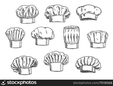 Sketched chef hat, cook cap and toque. Kitchen staff uniform, professional headwear for restaurant, cafe and menu design. Chef hat, cook cap and toque sketches
