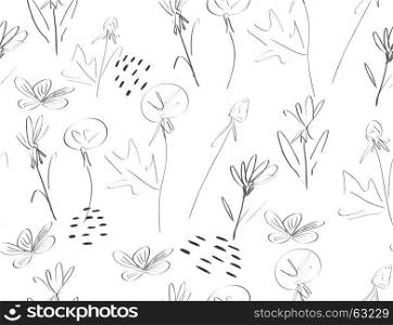 Sketched dandelion flower garden on white.Hand drawn with ink and colored with marker brush seamless background.Creative hand made brushed design.