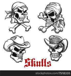 Sketched dangerous skulls of pirate captain and sailor in bandanas with crossbones below and angry skeletons of wild west cowboy and sheriff in old leather hats. Tattoo or Halloween party design. Sketched pirate, cowboy and sheriff