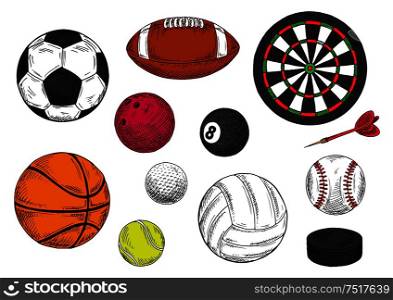 Sketched dartboard with darts arrow, ice hockey puck and sporting balls for soccer and american football, baseball and basketball, golf and volleyball, tennis and rugby, billiards and bowling games. Sporting balls, dartboard and hockey puck sketches