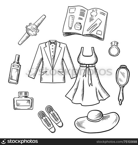 Sketched fashion icons with scattered male and female clothing, accessories, shoes, hat, jewelery, catalogue and mirror. Sketched fashion icons with clothes and itmes