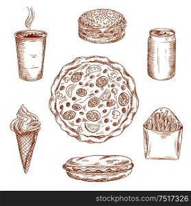 Sketched fast food dishes icons for takeaway menu or kitchen accessories design usage with cheeseburger, hot dog, cup of coffee, box of french fries, can of soda and puffy pizza topped with salami, olives and mushrooms. Fast food dishes, drinks and desserts sketch icons