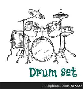 Sketched five piece drum set symbol of modern percussion instrument with bass drum and tom toms in the center of kit, snare and floor drums on both sides, supplemented by crash and hi hat cymbals. Five piece drum kit sketch icon