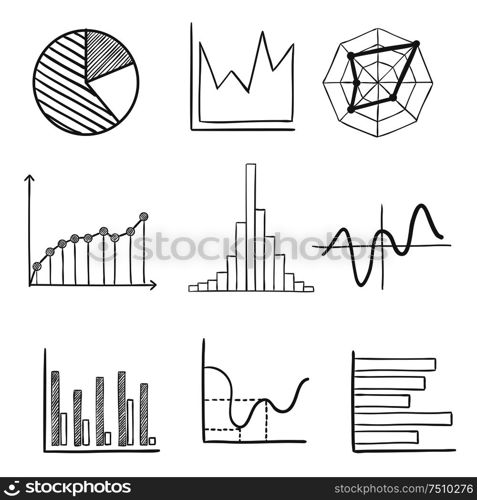 Sketched graphs and charts with a pie graph, bar graphs, fluctuating charts and infographics. For business design usage, sketch style. Sketched business graphs and charts