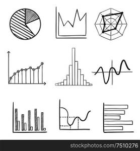 Sketched graphs and charts with a pie graph, bar graphs, fluctuating charts and infographics. For business design usage, sketch style. Sketched business graphs and charts