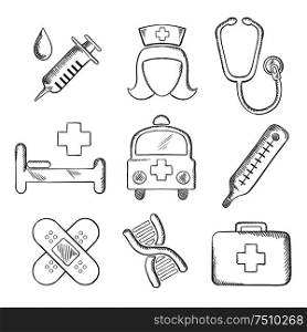 Sketched medical and healthcare icons with a syringe, nurse, stethoscope, bandages, DNA, ambulance, thermometer, first aid kit and hospital bed isolated on white. Sketch style. Sketched medical and healthcare icons