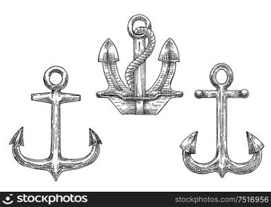 Sketched navy ship anchors symbols with stockless and admiralty anchors, decorated by twisted rope. Great for tattoo, naval heraldry or marine travel design. Navy ship anchors with rope sketch icons