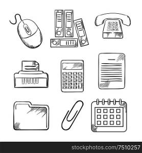 Sketched office and business icons with files, calculator, printer, paper clip, documents, calendar, computer mouse and telephone. Sketch style. Sketched office and business icons
