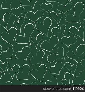 Sketched outline heart on chalkboard seamless pattern. Many hand drawn cartoon chalk hearts on green board. Vector line illustration for cloth texture, love poster, wedding card or web background.. Sketched outline chalk heart seamless pattern
