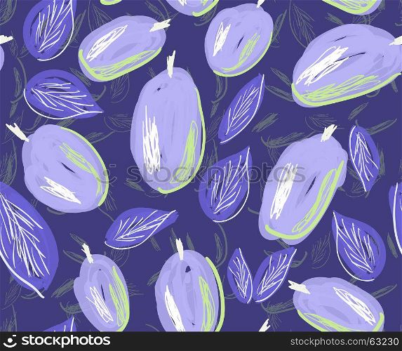 Sketched plums with leaves on blue.Hand drawn with ink and marker brush seamless background.Ethnic design.