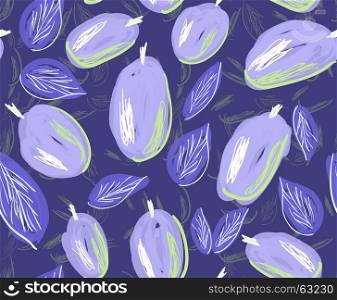 Sketched plums with leaves on blue.Hand drawn with ink and marker brush seamless background.Ethnic design.