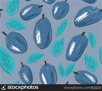 Sketched plums with leaves on gray.Hand drawn with ink and marker brush seamless background.Ethnic design.