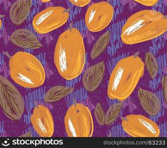 Sketched plums with leaves on purple.Hand drawn with ink and marker brush seamless background.Ethnic design.