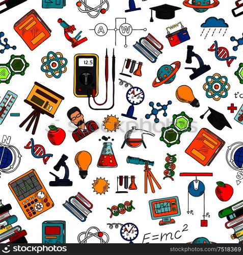 Sketched seamless pattern of laboratory equipments for physical, chemical and biological experiments, scientists, microscopes, books, DNA helices, nuclear atoms, molecules, computers, graduation caps. Sketched seamless pattern of science research