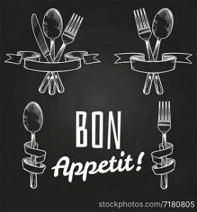 Sketched silverware, cutlery, dinner table utensils in retro banner ribbons on blackboard. Vector illustration. Sketched silverware, cutlery, dinner utensils