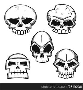 Sketched skulls with eerie old cranium of human or monster with cracked bone, destroyed jaw and angry glances of empty eye sockets. Halloween, mascot or tattoo design. Old human or monster skulls sketches