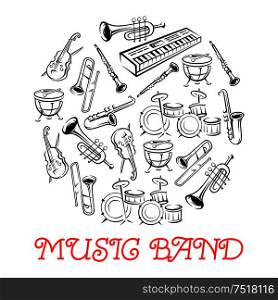 Sketched sound instruments or equipment for musical band. Synthesizer and violin with bow or fiddlestick, trap set or drum kit, saxophone and trumpet. Woodwind, string, brass, percussion used in jazz, rock, pop, disco.. Sketched sound instruments for musical band