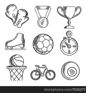 Sketched sport games icons with basketball, soccer , football, ice skating, boxing gloves, cycling and bowls with a winners medal, trophy and stopwatch. Sketch elements. Isolated sketched sport games icons