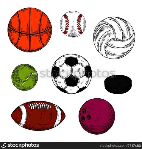 Sketched sporting balls and puck for soccer and american football, baseball and ice hockey, basketball and tennis, volleyball and bowling. May be use as sport team, club and healthy lifestyle design. Sketched sporting balls and puck symbols